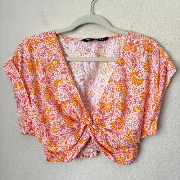 Zara Tops - Zara Linen Blend Boho Floral Print Cropped Twist Front Blouse Top
